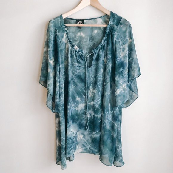 Blue Life Tops - Blue Life Top Short Sleeve Sheer Silk Boho Tie Dye